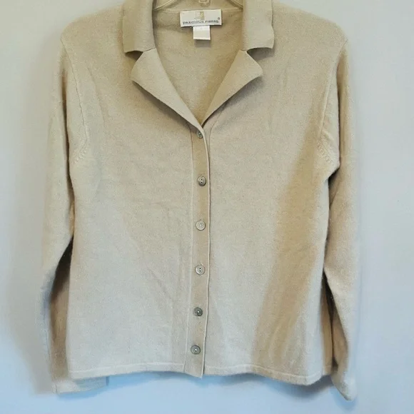 100% CASHMERE Vintage Precious Fibers Beige Oyster Button Cardigan Sweater M - Picture 6 of 16